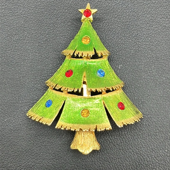 Vintage JJ Christmas Tree brooch pin | gold tone, enamel and rhinestones - Picture 1 of 11